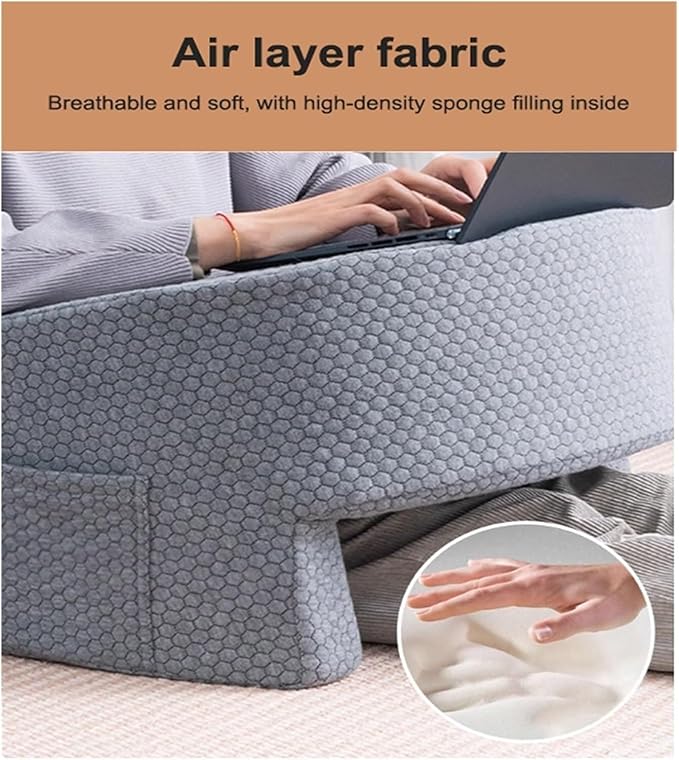 Gray air layer fabric mattress topper with person using a laptop and close-up of texture.