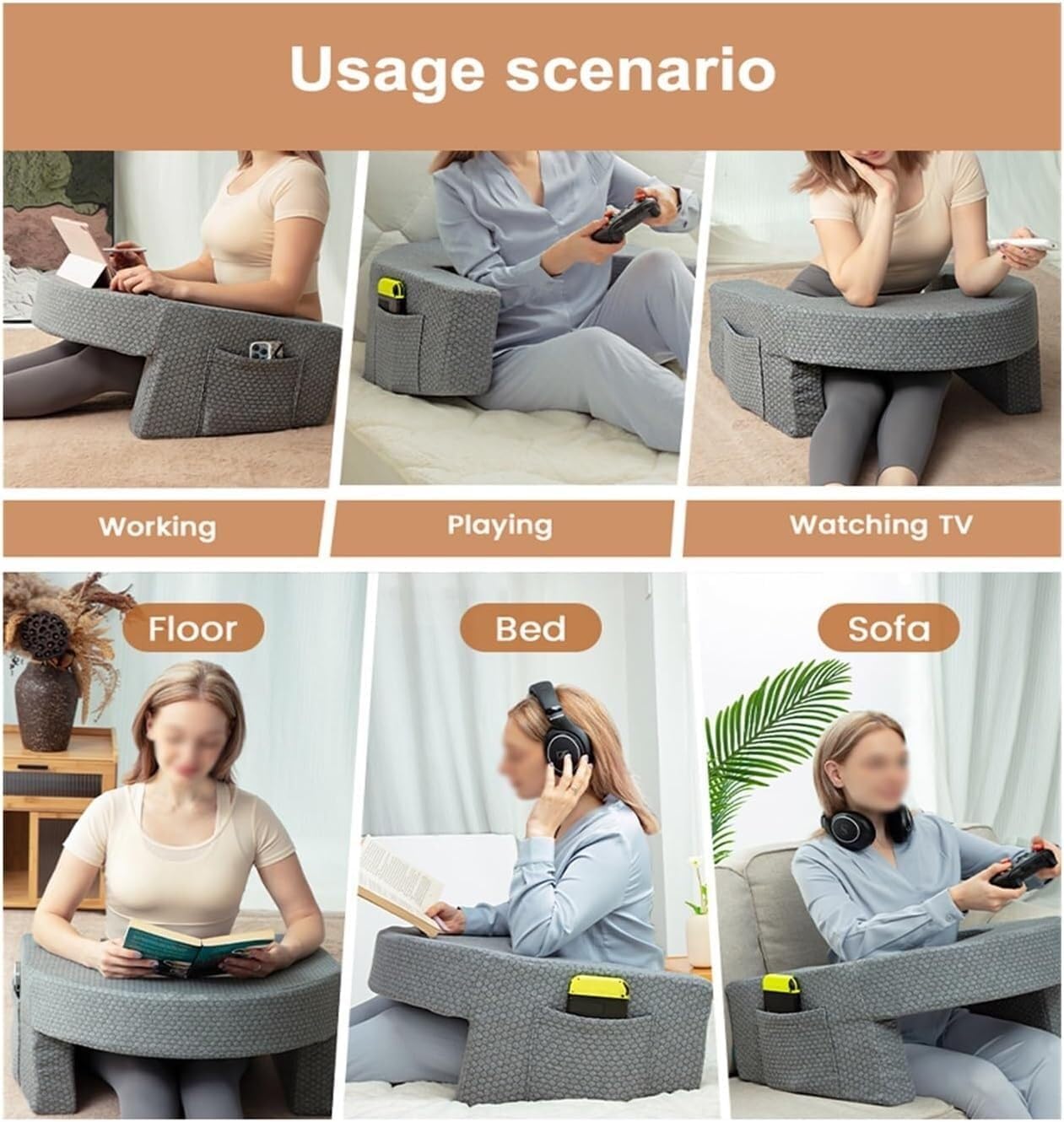 Collage of a person using a portable cushion for various activities on different surfaces.