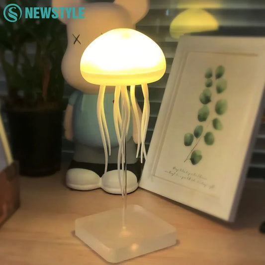 Jellyfish-shaped lamp on a table with a blurred background