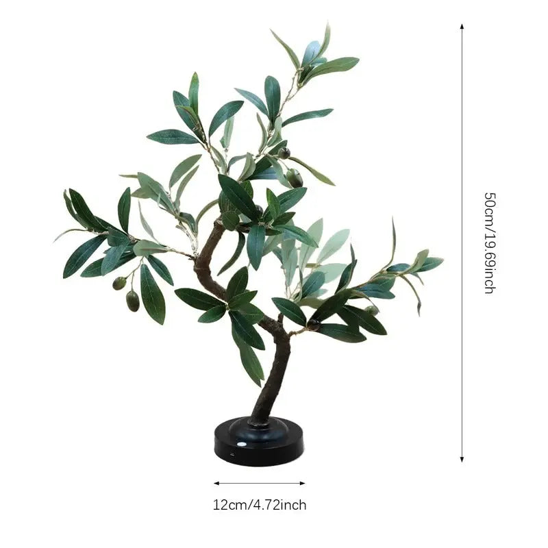 Artificial olive tree with measurements on a white background