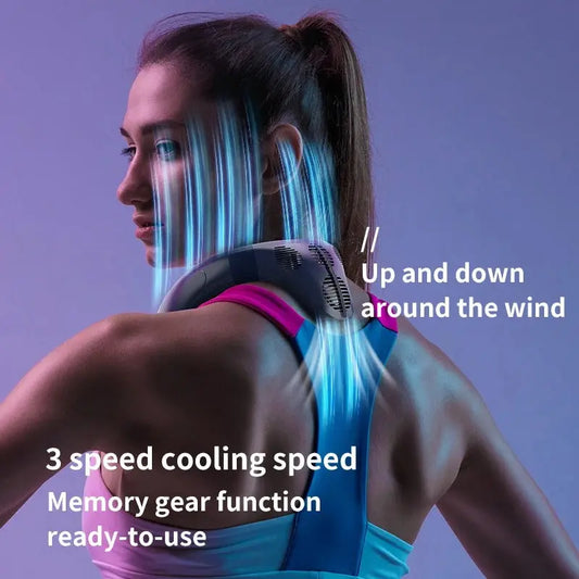 Woman wearing a cooling device with text about its features on a purple background