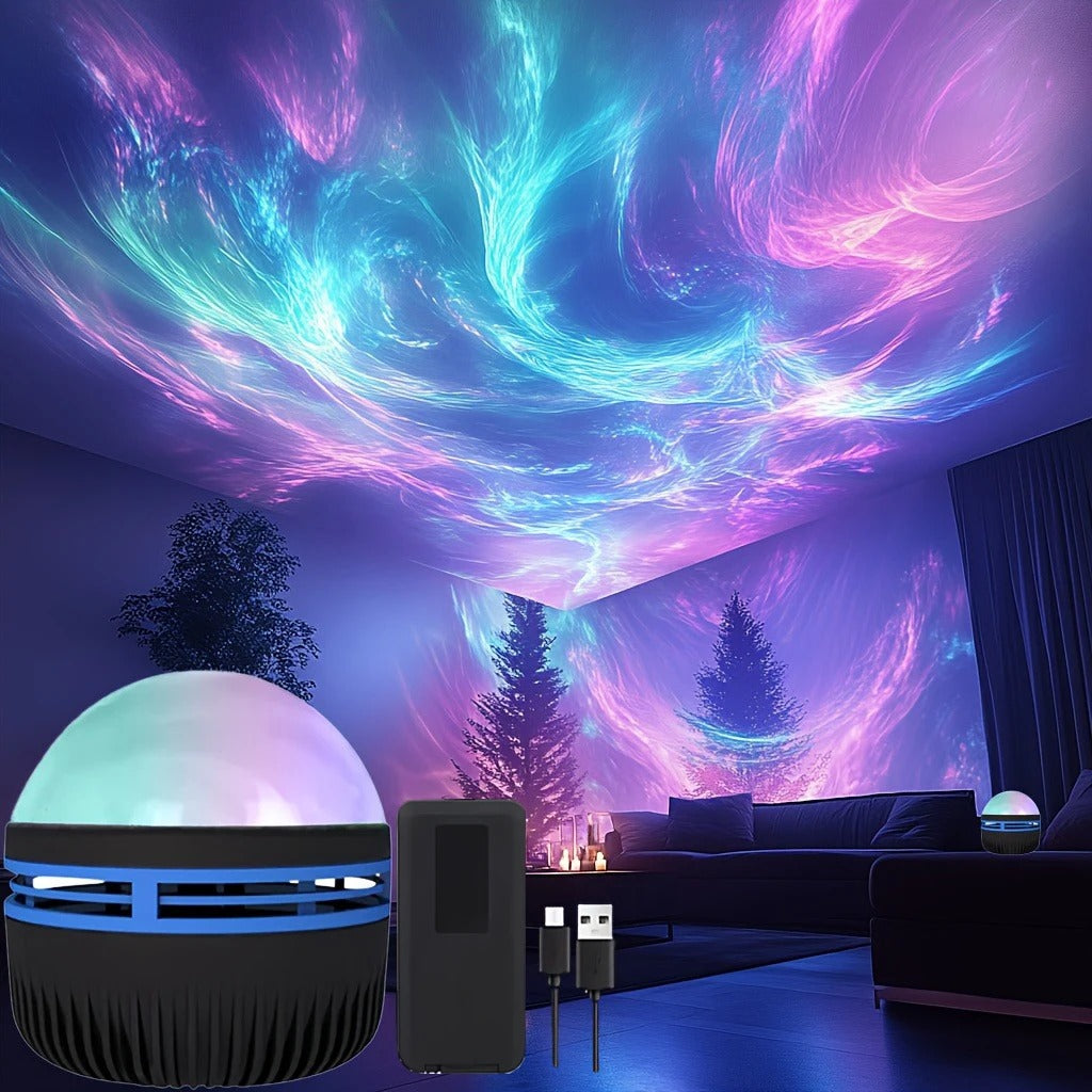 Room with a colorful nebula projection on the ceiling, surrounded by decorative items.