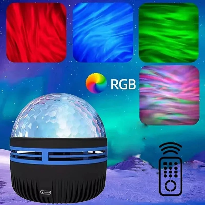 Colorful disco ball with RGB lighting options and remote control on a starry night sky background.