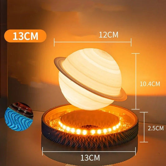 Planet-shaped night light with dimensions on an orange gradient background