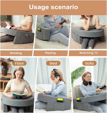 Collage of a person using a portable cushion for various activities on different surfaces.