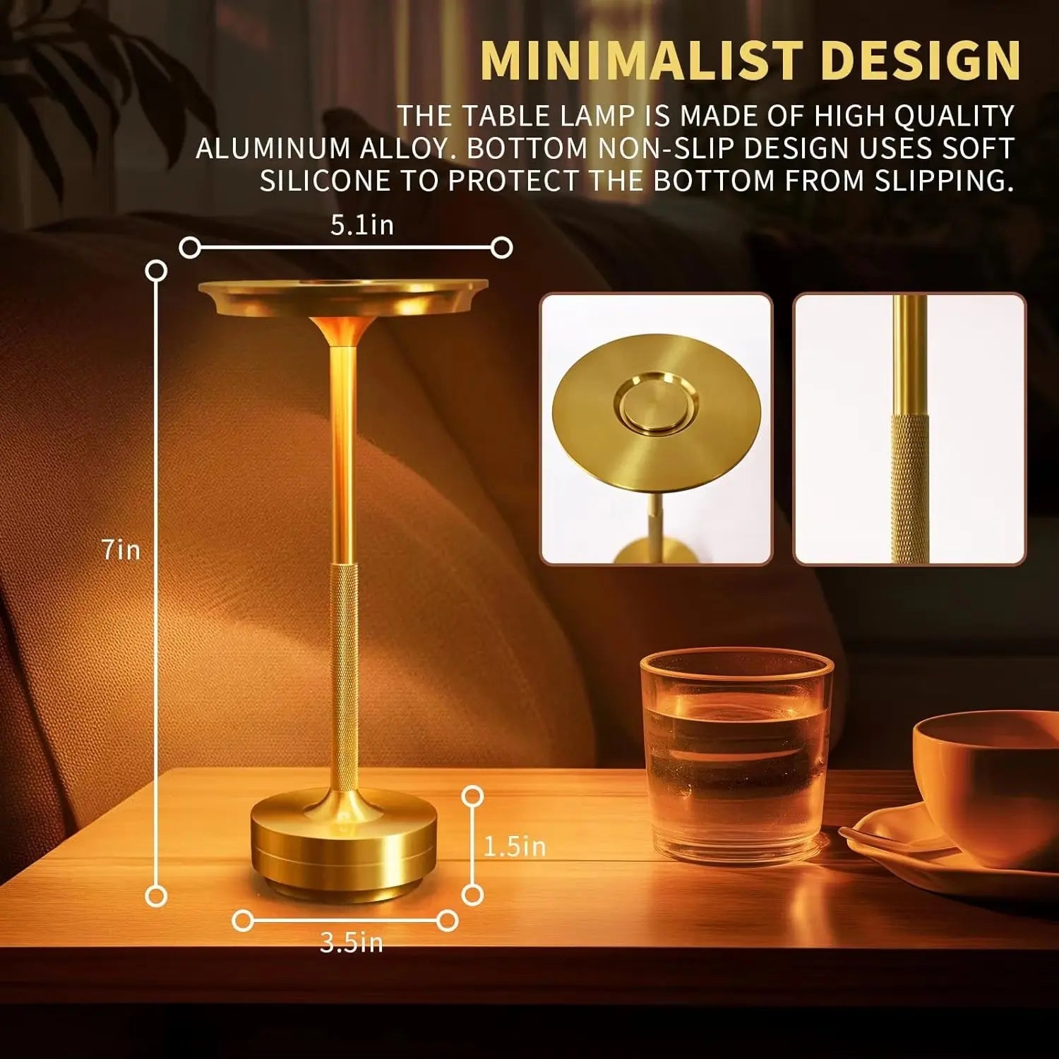Gold table lamp with dimensions on a wooden surface, featuring soft silicone bottom design.
