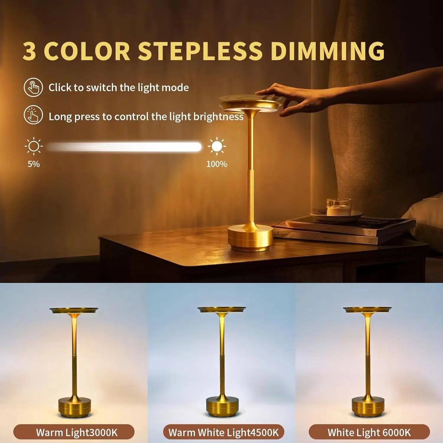 Table lamp with 3 color stepless dimming feature on a wooden surface.