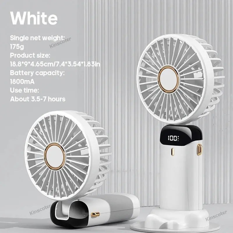 White portable fan with charging cable on a gray background