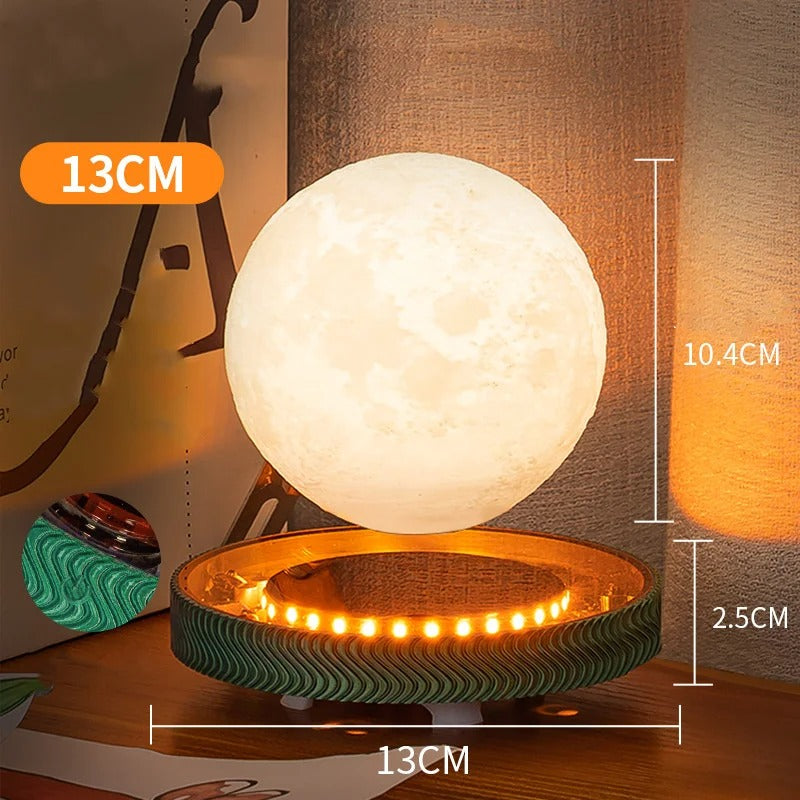 Moon lamp with dimensions displayed on a wooden surface