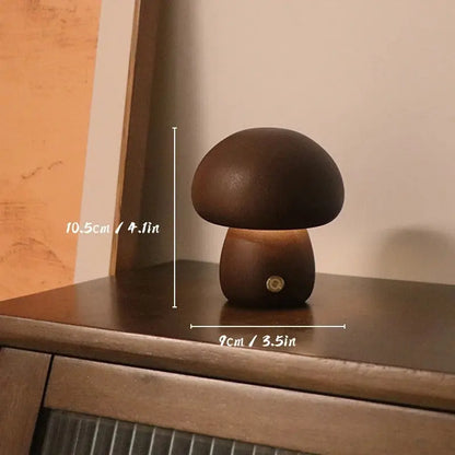 Mushroom-shaped lamp on a wooden surface with measurements indicated