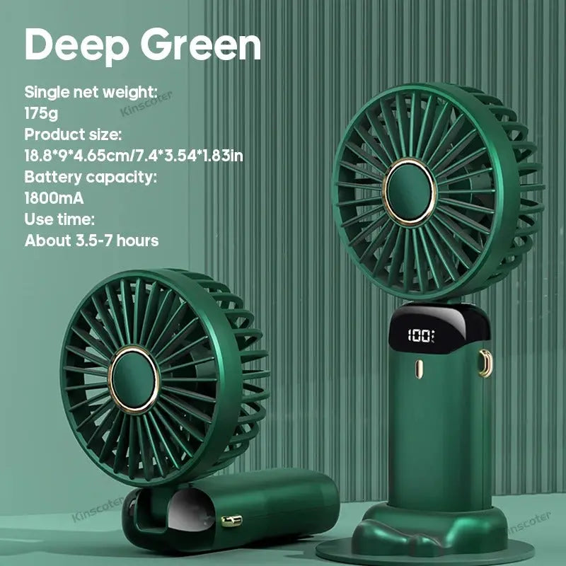 Green portable fan with specifications on a green background