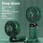 Green portable fan with specifications on a green background