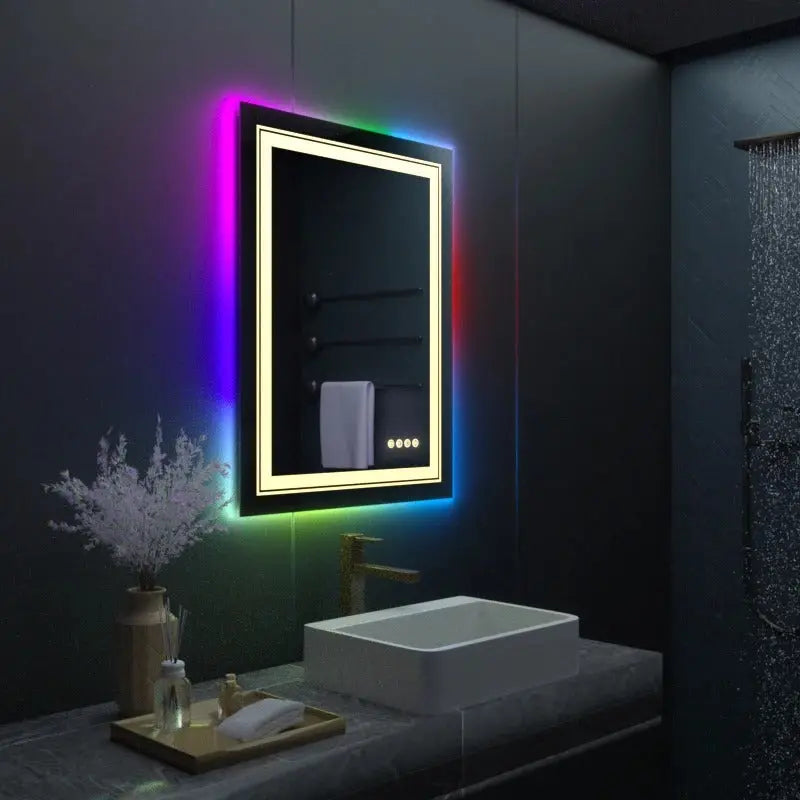 RGB LED Bath Mirror – Wall Mounted Demist Vanity Mirror with Multicolor Lights – by Nuvue | Nuvue