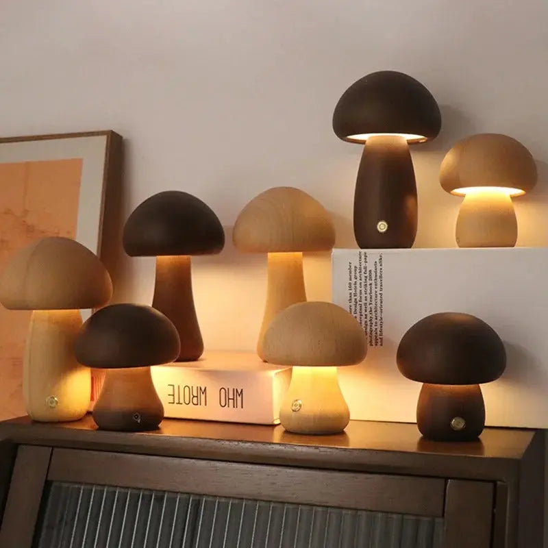 Mushroom-shaped lamps on a wooden surface with a neutral background
