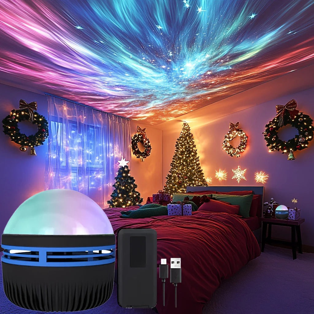 Room with colorful ceiling projection, Christmas tree, and decorative lights.