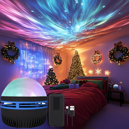 Room with colorful ceiling projection, Christmas tree, and decorative lights.