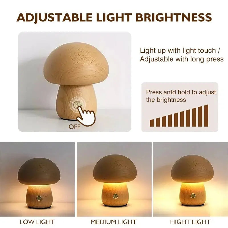 Wooden mushroom lamp with adjustable brightness control on a white background