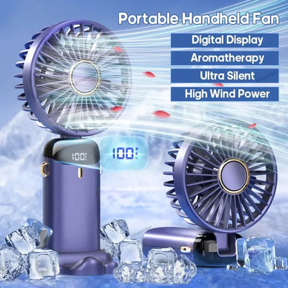 Portable handheld fan with digital display, aromatherapy, ultra-silent operation, and high wind power on a blue background.