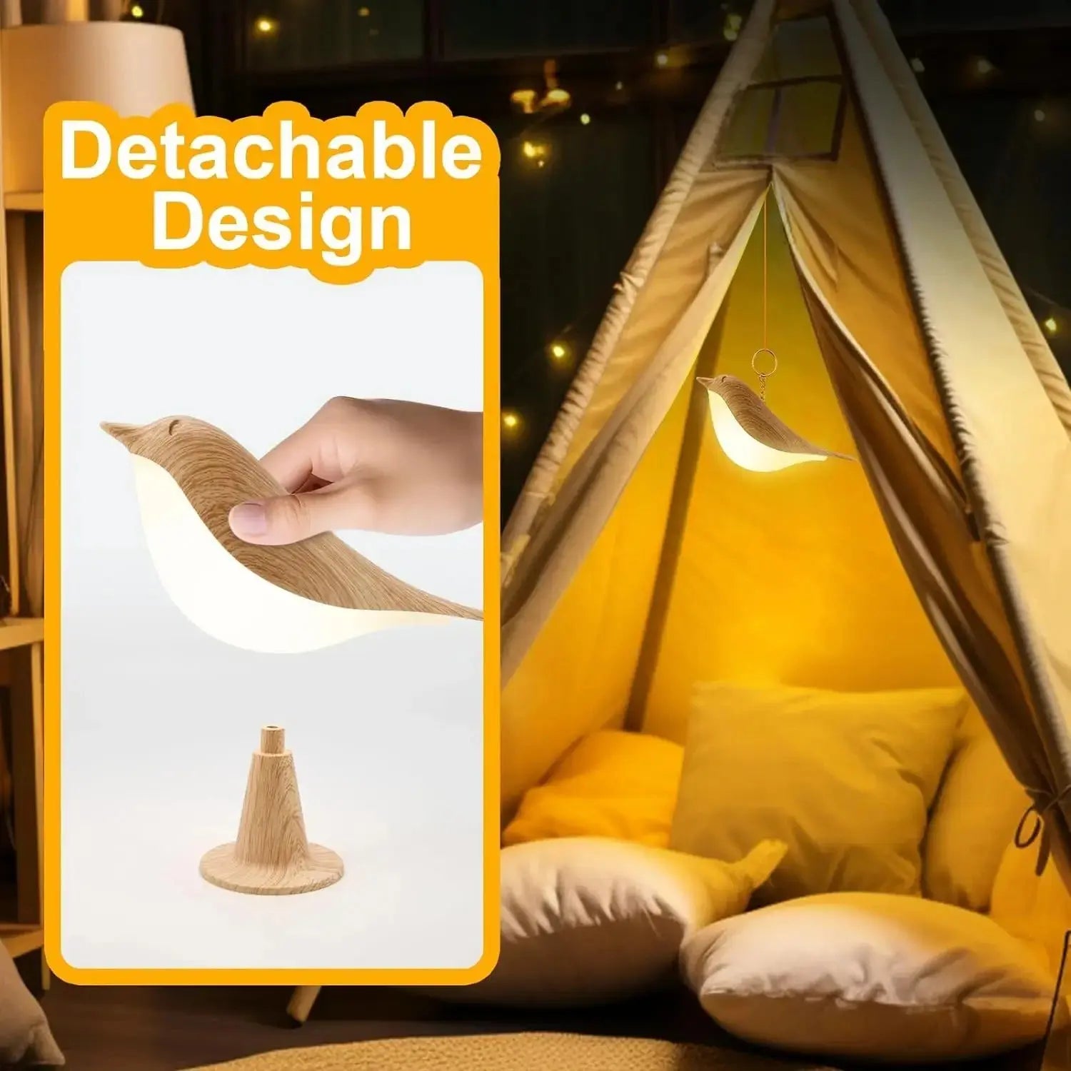 detachable design feature with a hand holding a lampshade in front of a cozy indoor setup
