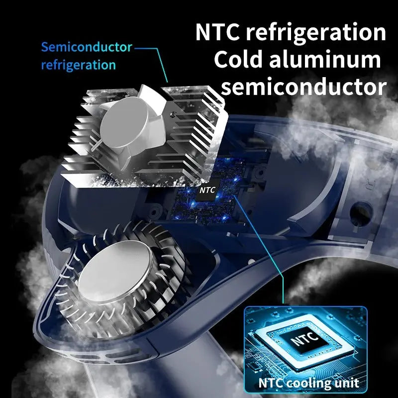 NTC refrigeration system with semiconductor and cold aluminum components on a dark background.