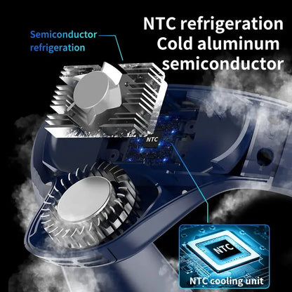 NTC refrigeration system with semiconductor and cold aluminum components on a dark background.
