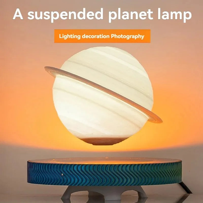 Planet-shaped lamp with a wavy base on an orange gradient background