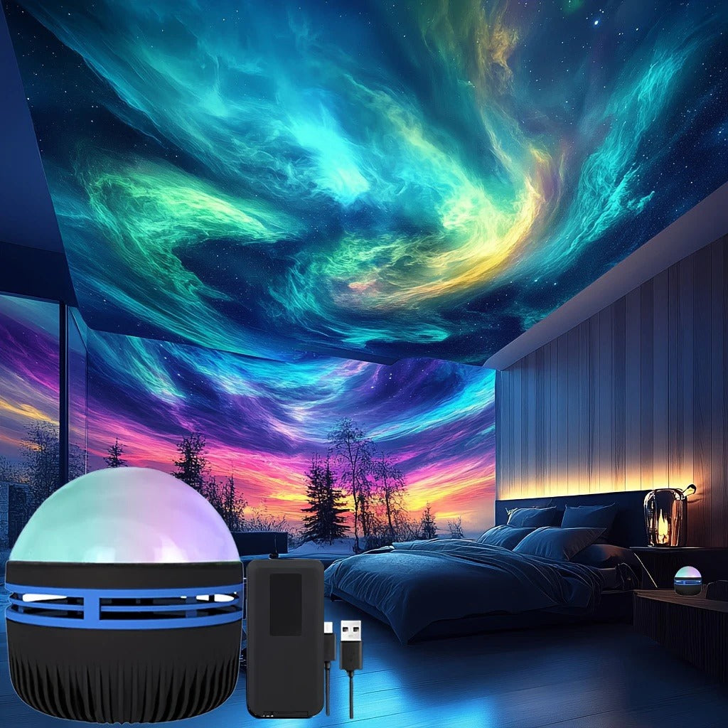 Room with a starry sky projection on the ceiling, featuring a colorful aurora display.