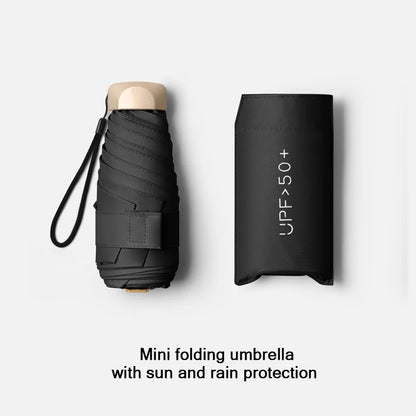 Black mini folding umbrella with wooden handle and black case on a white background