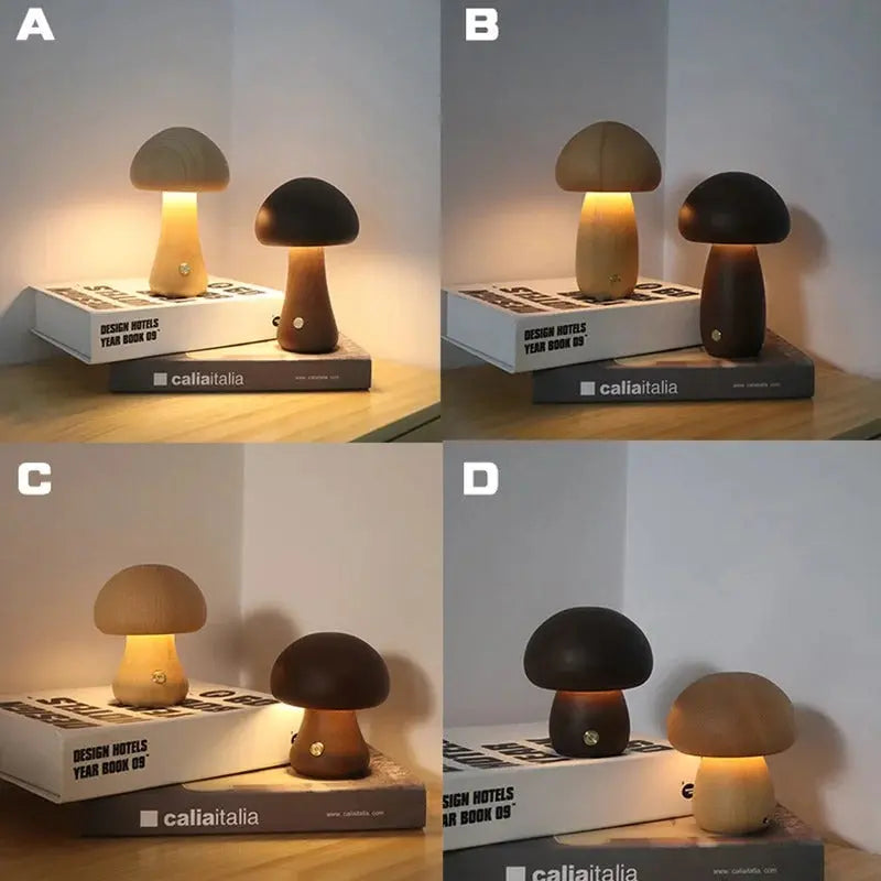 Two mushroom-shaped lamps on a book with 'caliaitalia' branding, shown from different angles.