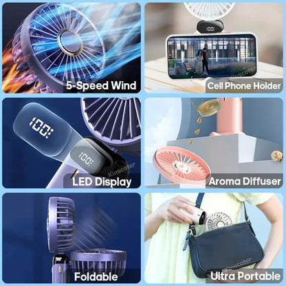 Collage of a portable fan with features highlighted, including 5-speed wind, cell phone holder, LED display, aroma diffuser, and ultra-portability.