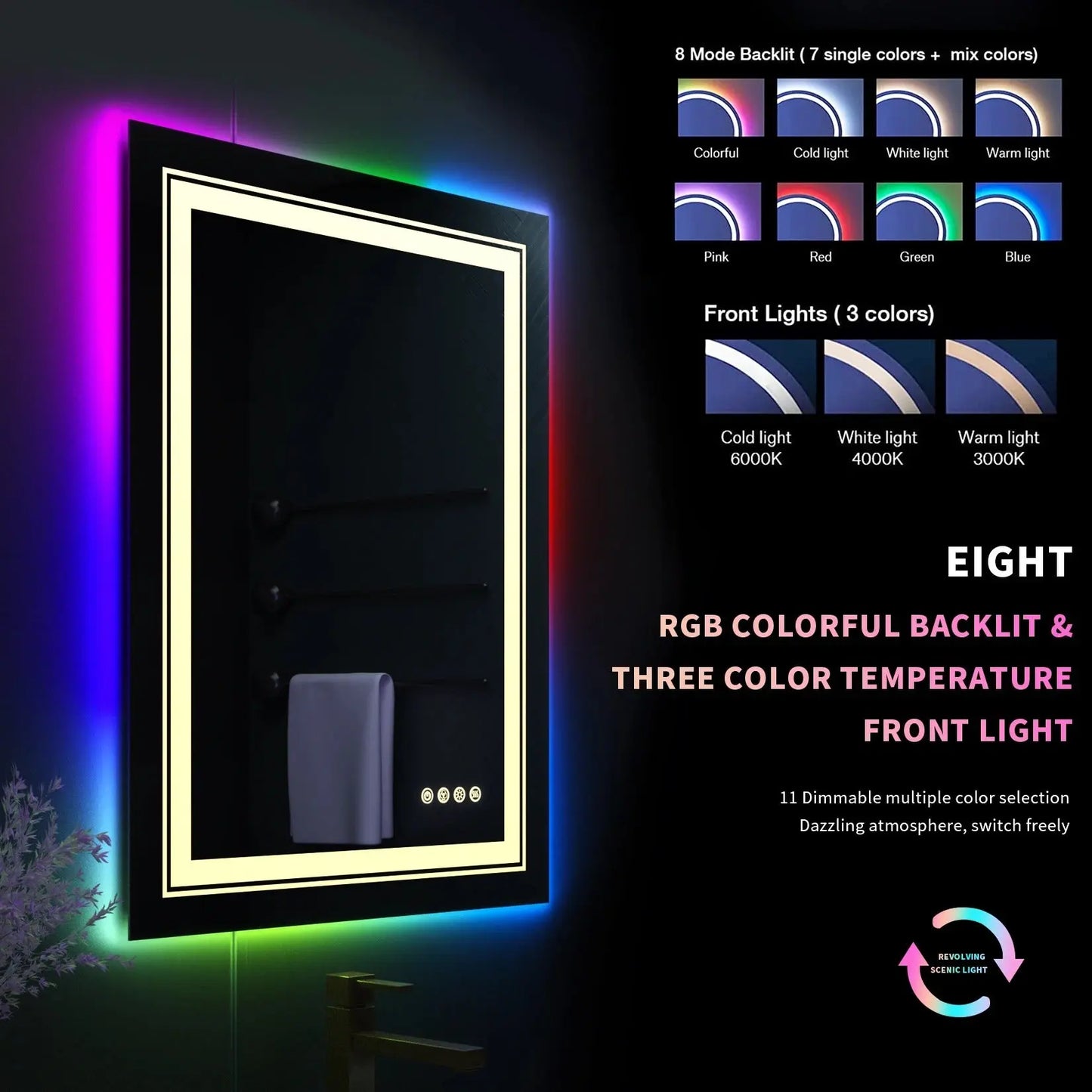 RGB LED Bath Mirror – Wall Mounted Demist Vanity Mirror with Multicolor Lights – by Nuvue | Nuvue