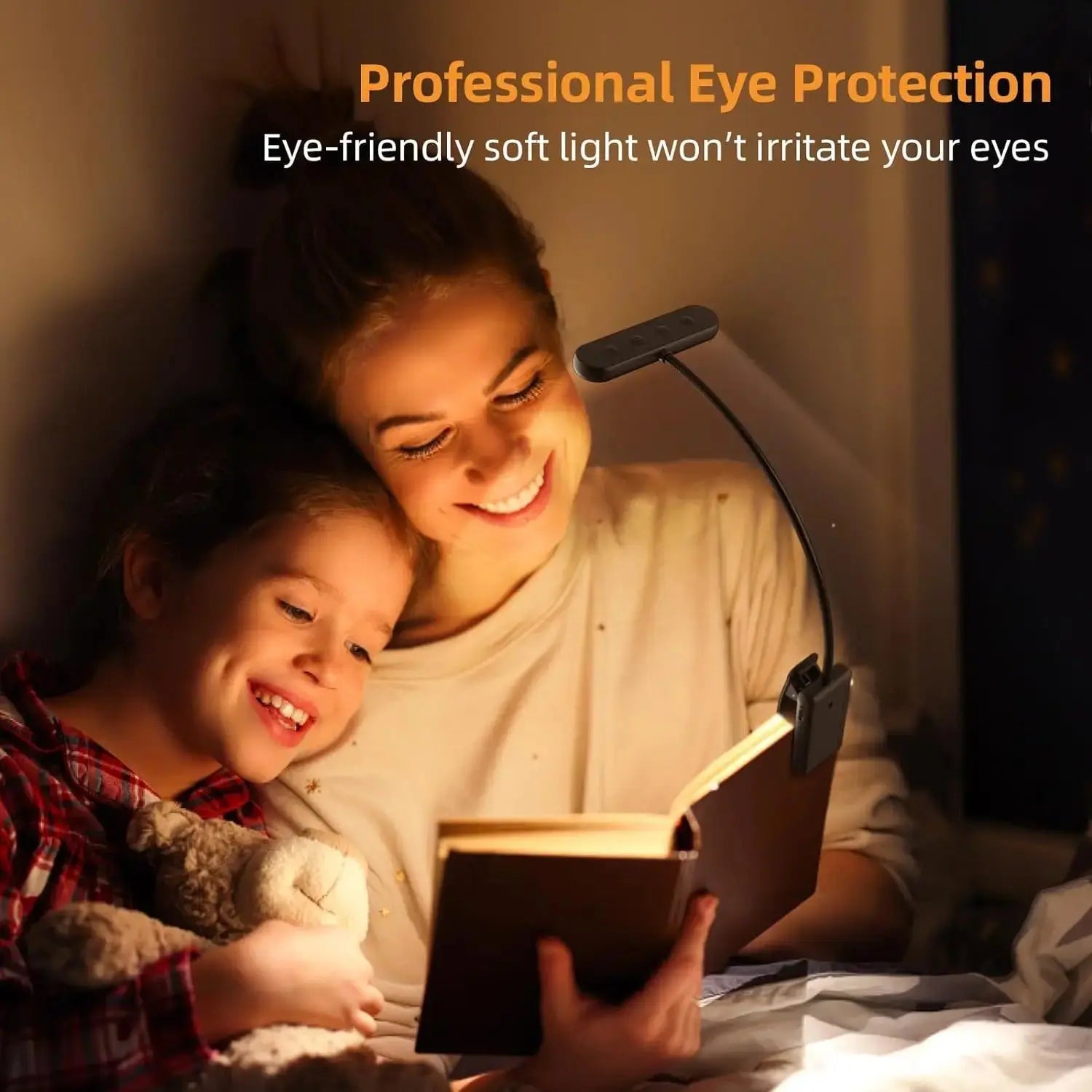 Woman and child reading a book together under a soft light, with text about professional eye protection.