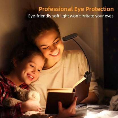 Woman and child reading a book together under a soft light, with text about professional eye protection.