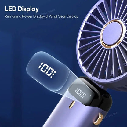 Handheld fan with LED display on a blue background