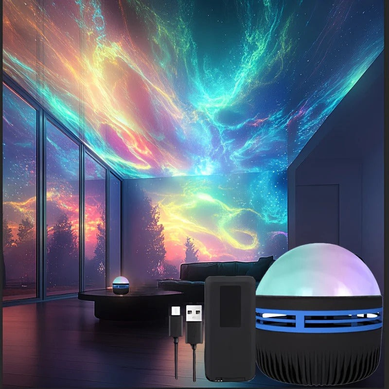 Colorful nebula projection in a room with a small device on a table.