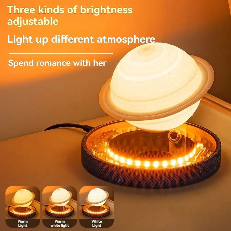Decorative lamp with adjustable brightness on a surface, featuring text about different light settings.