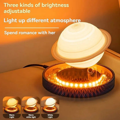 Decorative lamp with adjustable brightness on a surface, featuring text about different light settings.