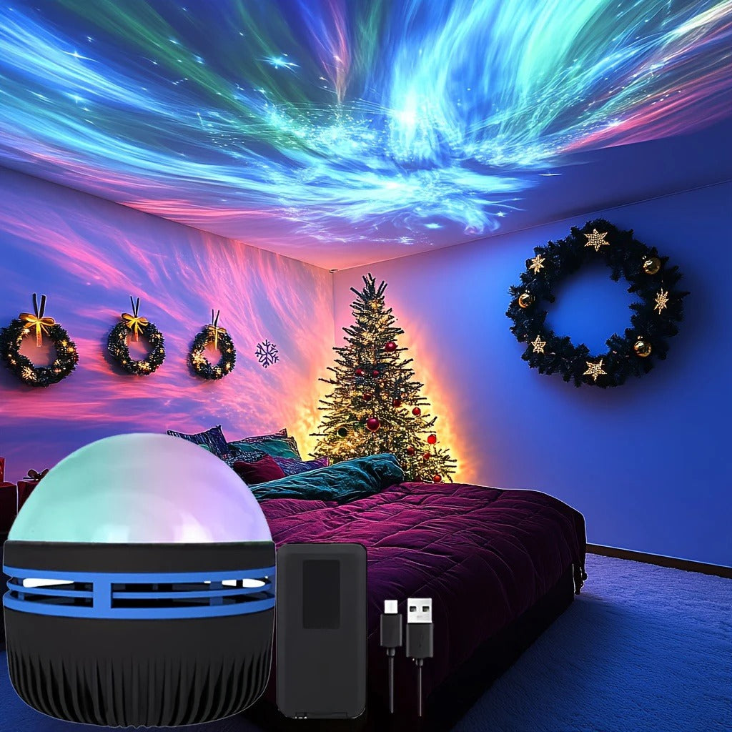 Room with colorful ceiling projection, Christmas tree, and decorative wreaths.