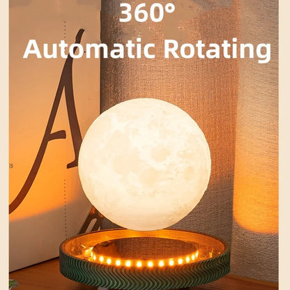 White spherical lamp with gold base on a wooden surface, labeled '360° Automatic Rotating'.