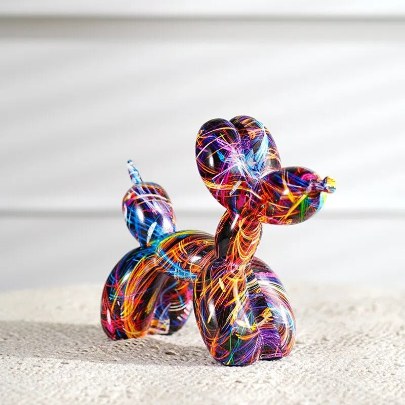Colorful glass sculpture of a balloon dog on a neutral background