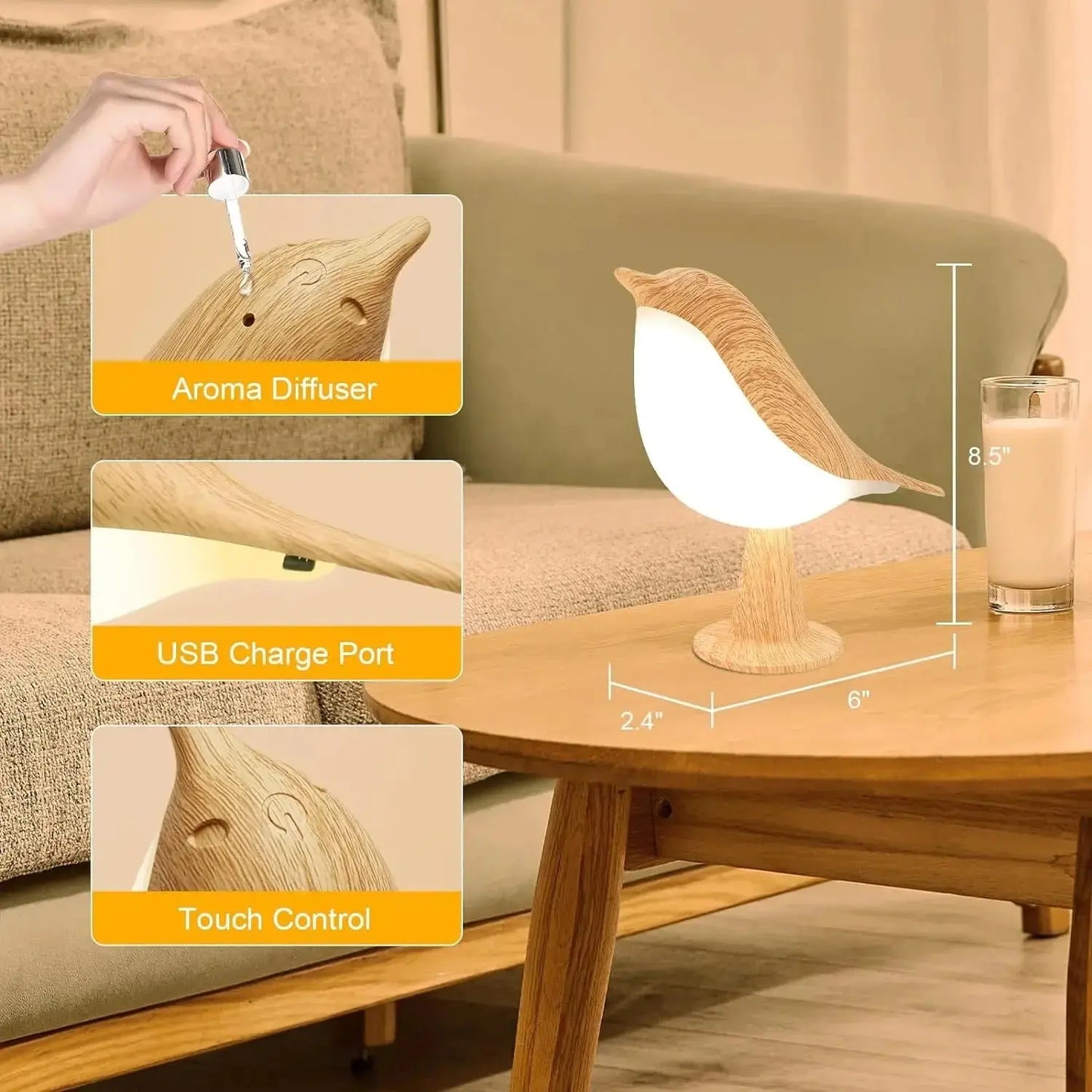 Wooden bird-shaped lamp on a table with measurements and feature highlights.
