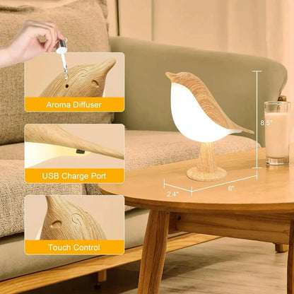 Wooden bird-shaped lamp on a table with measurements and feature highlights.