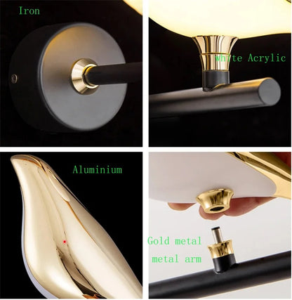 Collage of different materials used in a lamp design, including iron, white acrylic, aluminium, and gold metal.