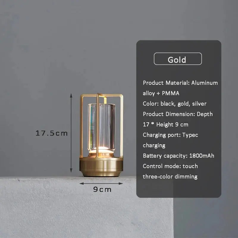 Gold-colored lamp with dimensions and product details on a gray background
