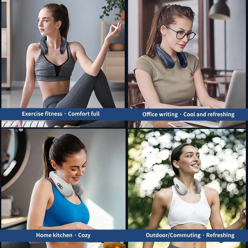 Collage of a woman using a neck and shoulder massager in various settings.