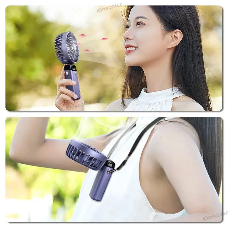 Woman holding a handheld fan outdoors with a blurred natural background