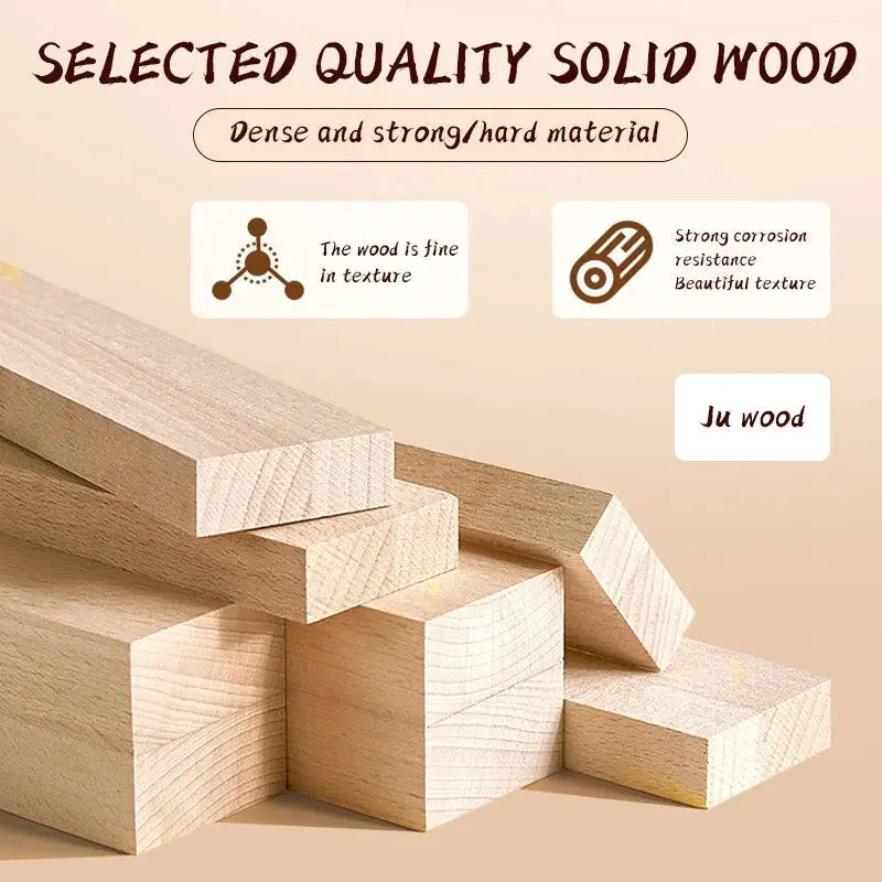 Wooden blocks with text highlighting quality and characteristics on a beige background