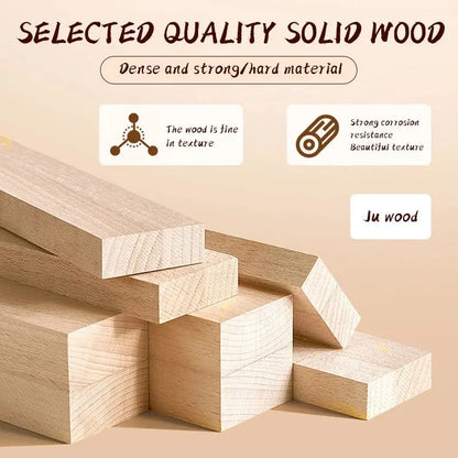 Wooden blocks with text highlighting quality and characteristics on a beige background