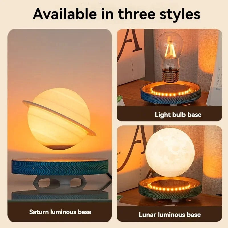 Three different luminous bases for a light bulb, labeled 'Saturn', 'Light bulb base', and 'Lunar'.