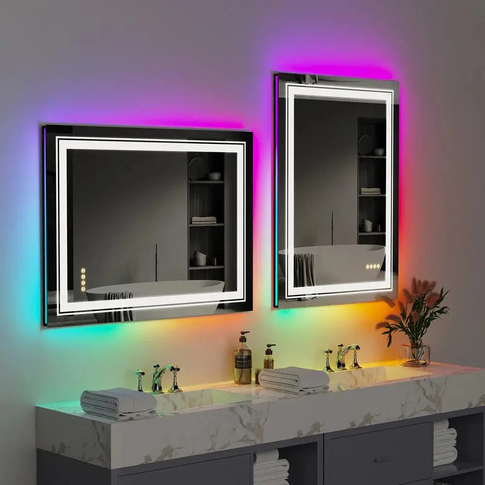 RGB LED Bath Mirror – Wall Mounted Demist Vanity Mirror with Multicolor Lights – by Nuvue | Nuvue